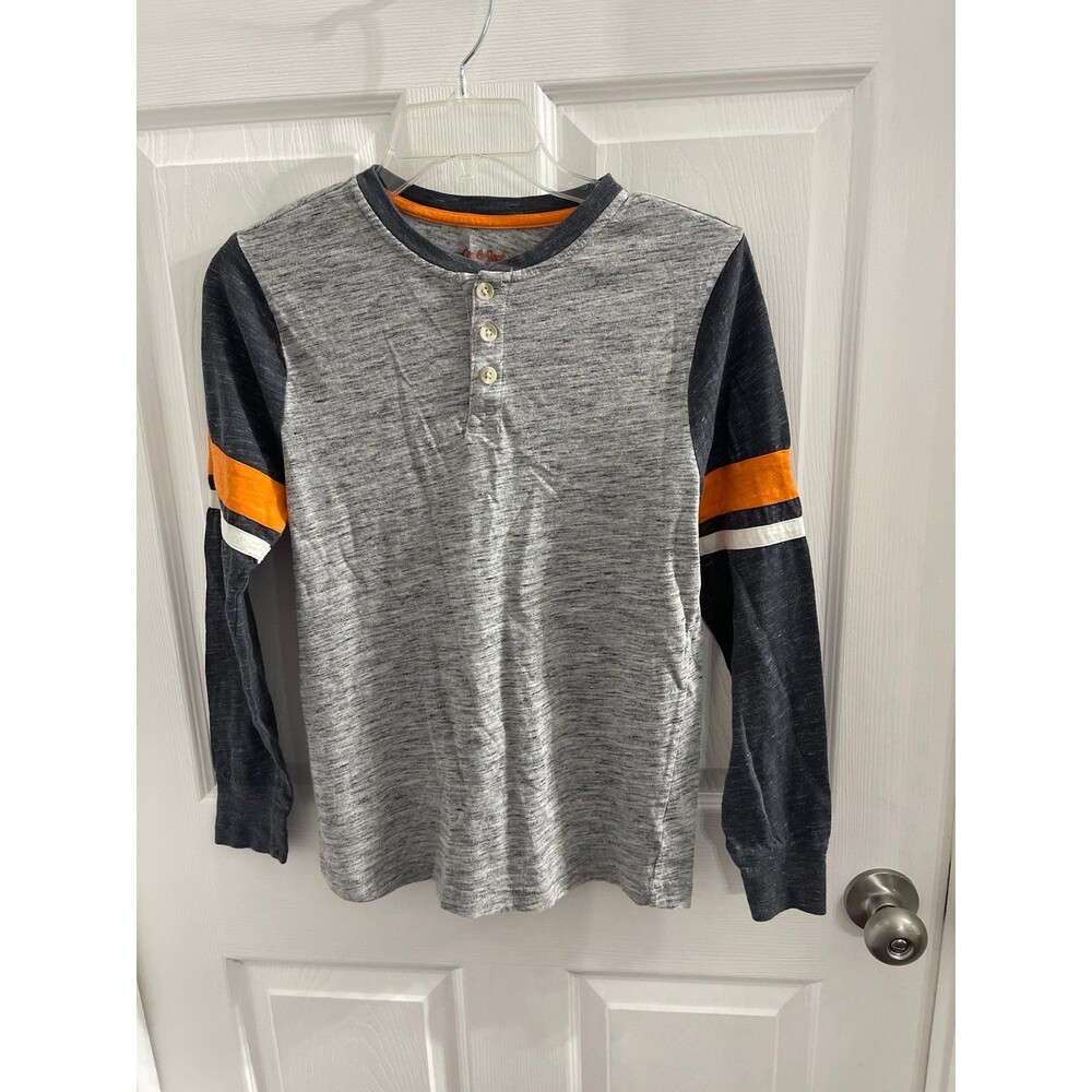 Cat & Jack Long Sleeve Henley Shirt Size L (12-14) Gray/White/Orange